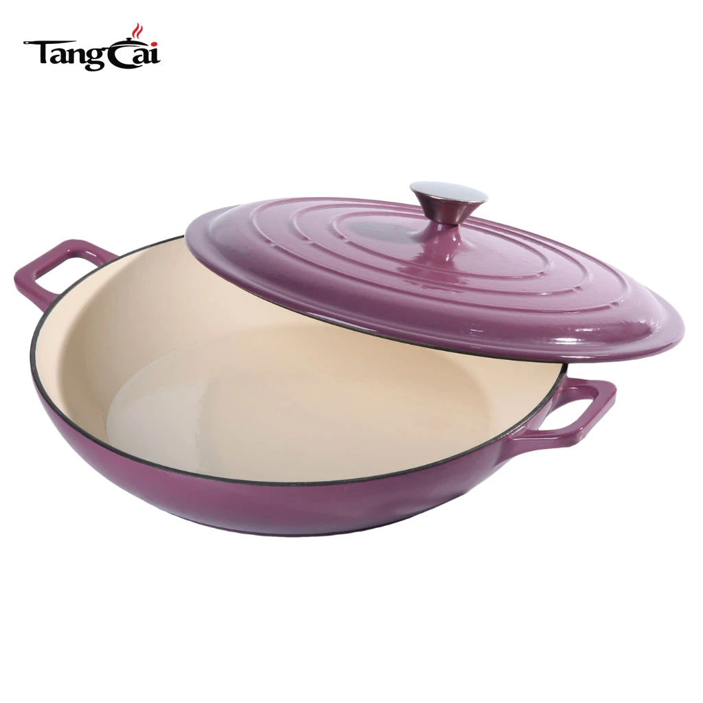 Grape Purple Enameled Cast Iron Shallow Dutch Oven, 3.8QT Multi-purpose Seafood Casserole Pan