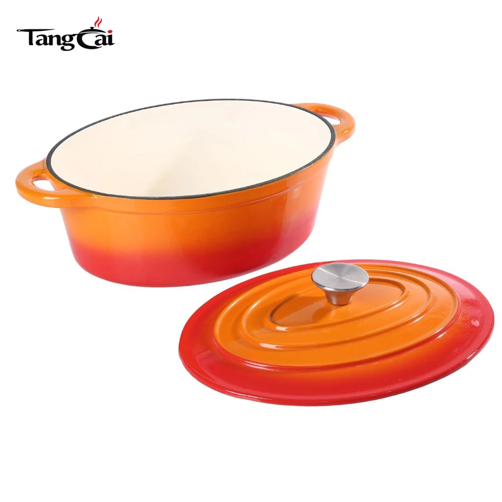 Classic Style Large 7 Quart Orange Oval Enameled Cast Iron Dutch Oven, Family Size Casserole Pot