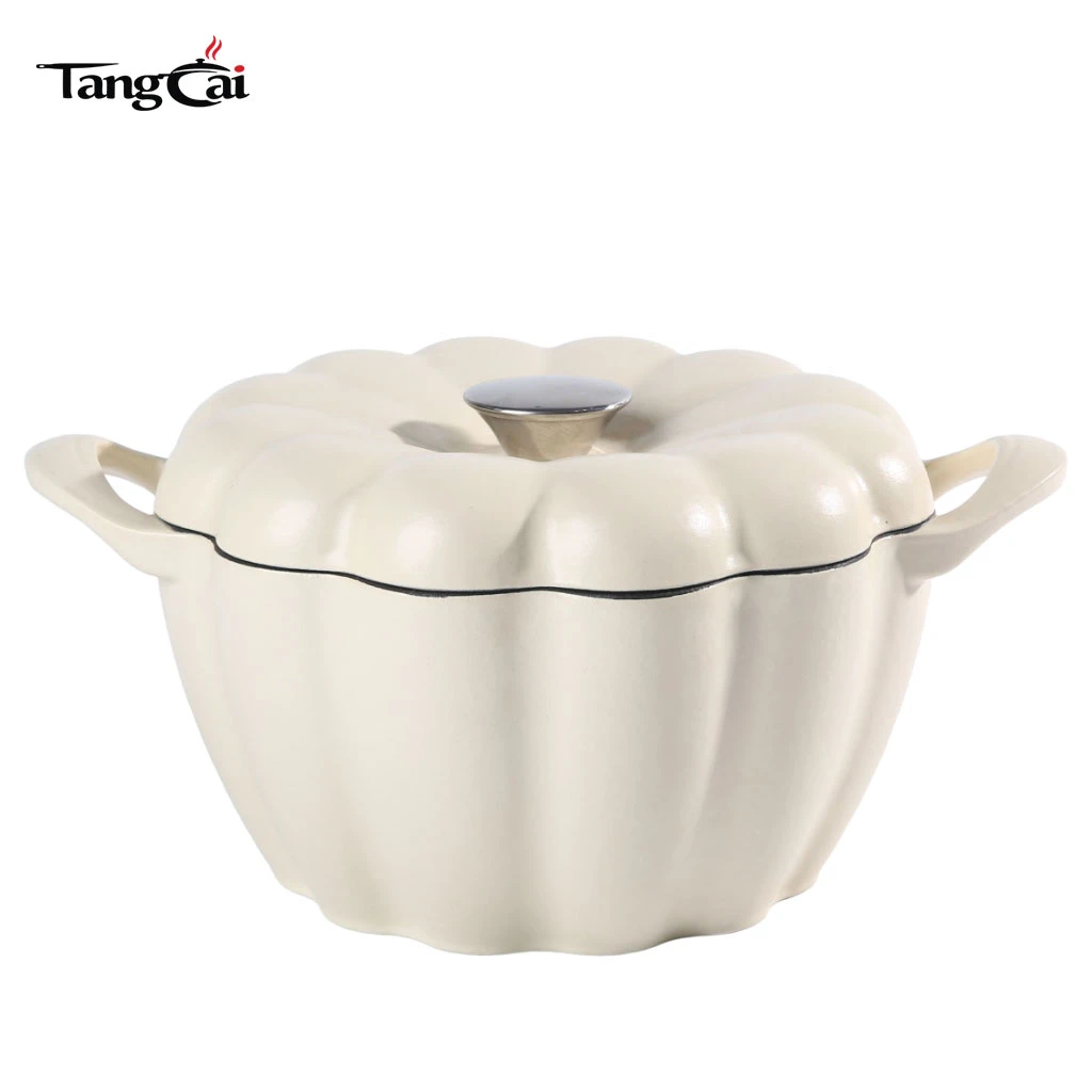 Cream White Pumpkin Shaped Enamel Cast Iron Dutch Oven, Decorative Heavy Duty Stock Pot