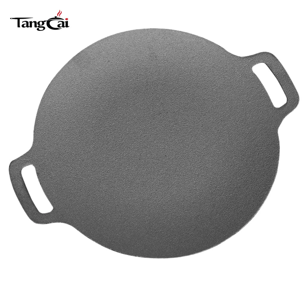 Pre-Seasoned Round 13-Inch Korean Cast Iron BBQ Tawa Grill Pan, Large Flat Skillet with Dual Handles for Roti, Dosa, Tortillas & Crepes
