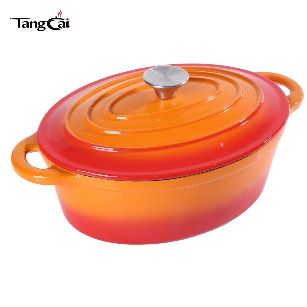 Classic Style Large 7 Quart Orange Oval Enameled Cast Iron Dutch Oven, Family Size Casserole Pot