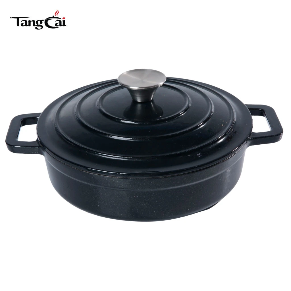 Small Matte Black Shallow Enameled Cast Iron Dutch Oven, Mini Seafood Casserole Pan with Lid