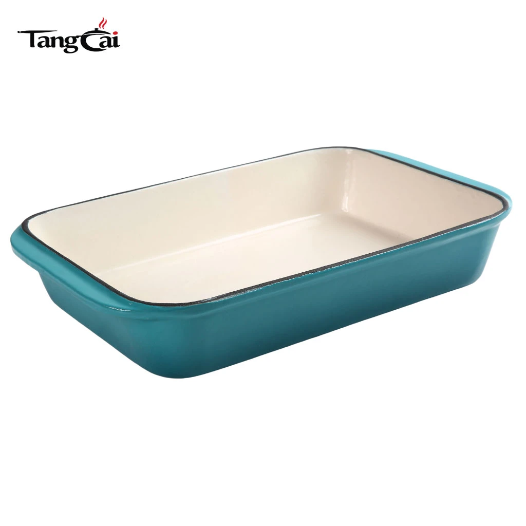 Custom Teal Color Enameled Cast Iron Roasting Pan - Rectangular Seafood Casserole Dish
