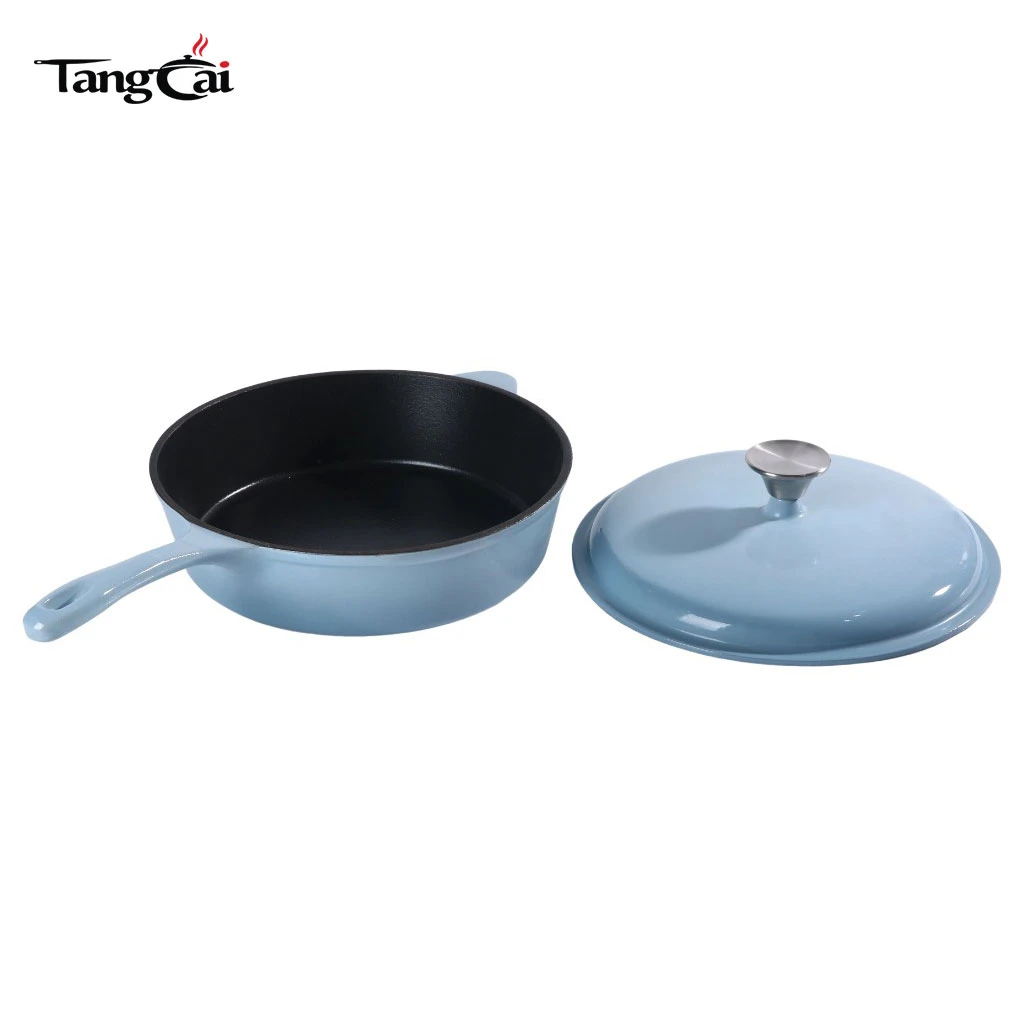 Custom Large 5.5QT Sky Blue Enameled Cast Iron Sauce Pot-Multipurpose Deep Casserole Pot Frying Pan with Long Handle