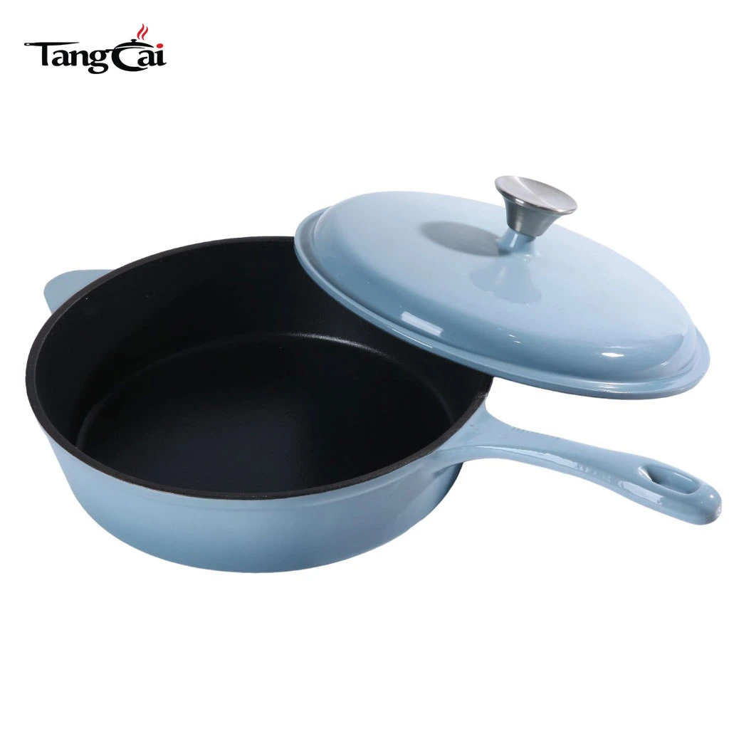 Custom Large 5.5QT Sky Blue Enameled Cast Iron Sauce Pot-Multipurpose Deep Casserole Pot Frying Pan with Long Handle