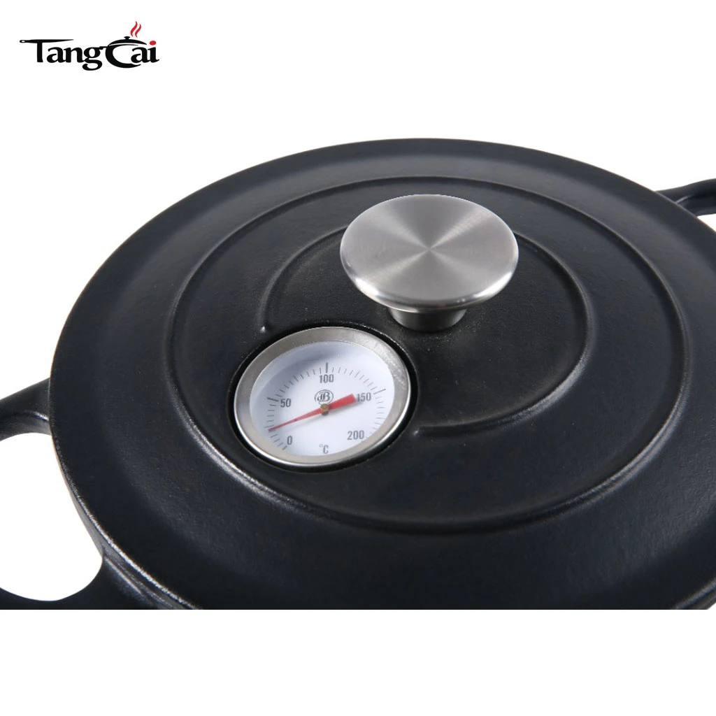 2026 New Design Cookware Cast Iron Enamel Coated Dutch Oven With Thermometer For Home Kitchen Daily Stewing Frying