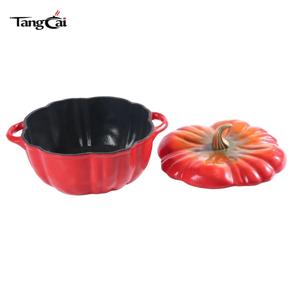 Gradient Red Pumpkin Shaped Enamel Cast Iron Dutch Oven with Matte Black Inner Coating