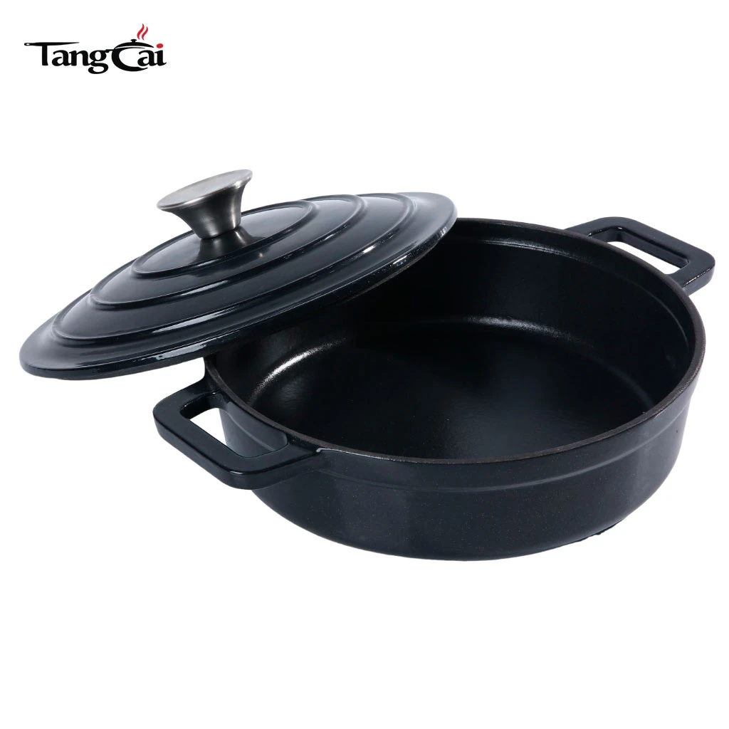 Small Matte Black Shallow Enameled Cast Iron Dutch Oven, Mini Seafood Casserole Pan with Lid