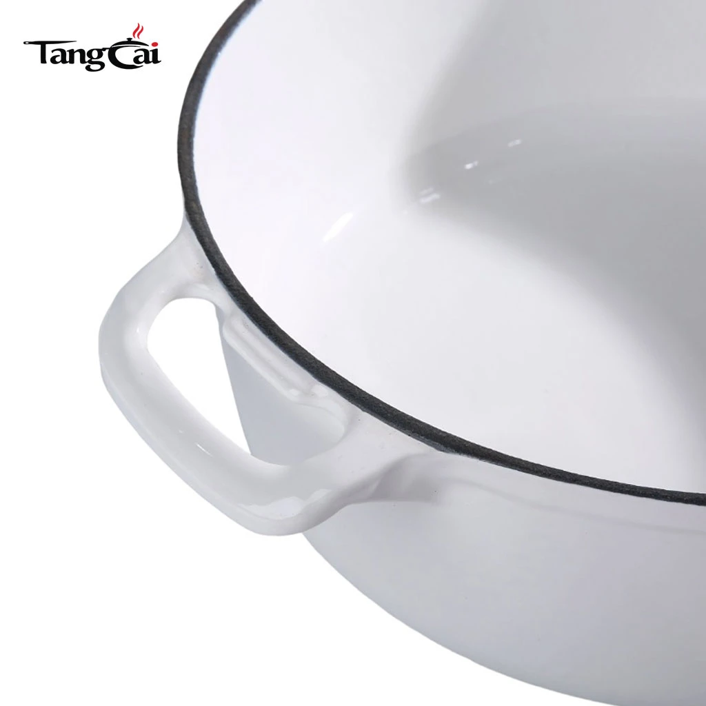 Shallow Glossy White Enameled Cast Iron Dutch Oven, Multi-purpose Seafood Casserole Pot with Lid