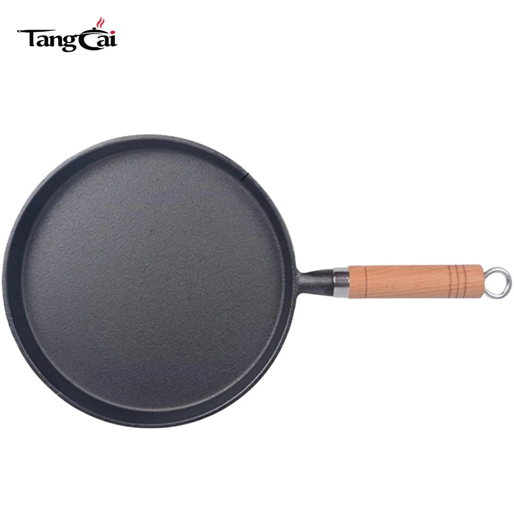 Cast Iron Frying Pan 10Inch Non-Stick Flat Griddle for Pancakes Crepes with Wooden Handle