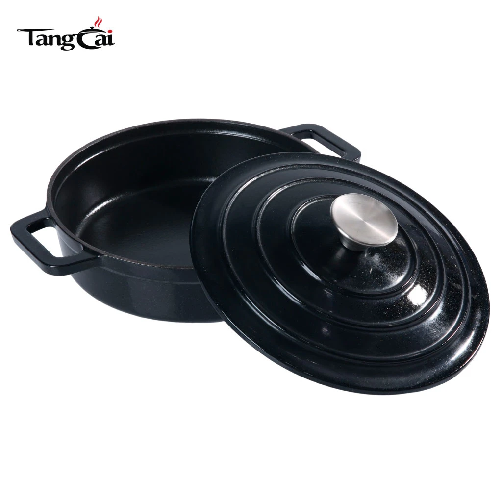 Small Matte Black Shallow Enameled Cast Iron Dutch Oven, Mini Seafood Casserole Pan with Lid