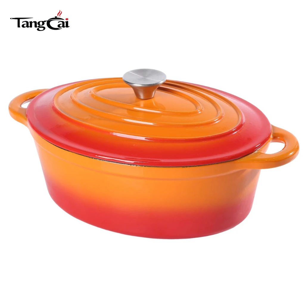 Classic Style Large 7 Quart Orange Oval Enameled Cast Iron Dutch Oven, Family Size Casserole Pot