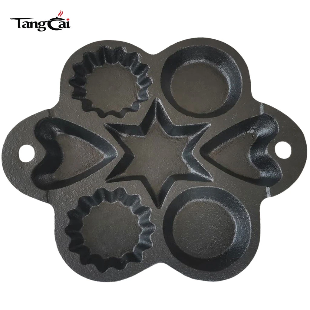 Custom Multi-Shape Cast Iron Baking Pan, 6-Cup Pre-Seasoned Mold with Star, Heart & Round Wells for Muffins, Cookies & Pancakes