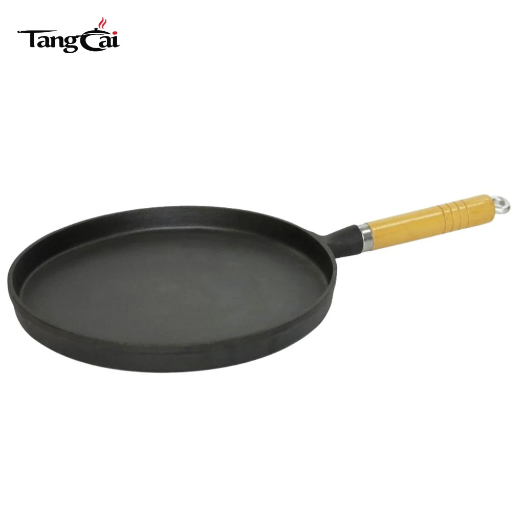 Cast Iron Frying Pan 10Inch Non-Stick Flat Griddle for Pancakes Crepes with Wooden Handle