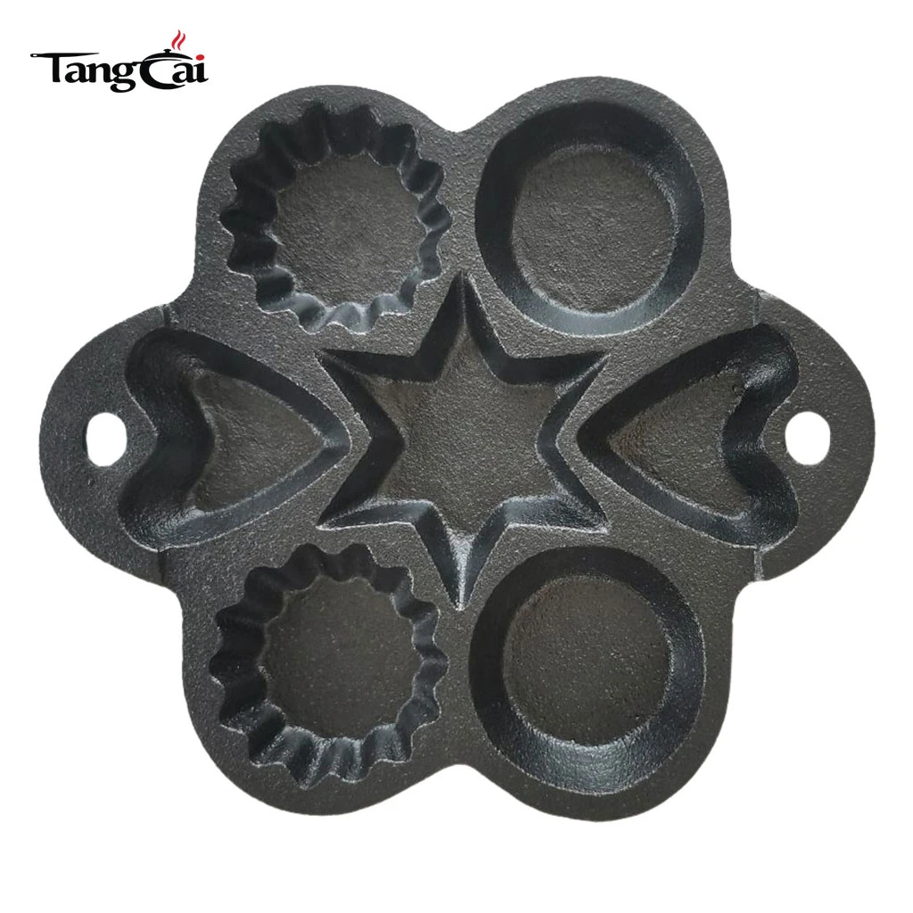 Custom Multi-Shape Cast Iron Baking Pan, 6-Cup Pre-Seasoned Mold with Star, Heart & Round Wells for Muffins, Cookies & Pancakes