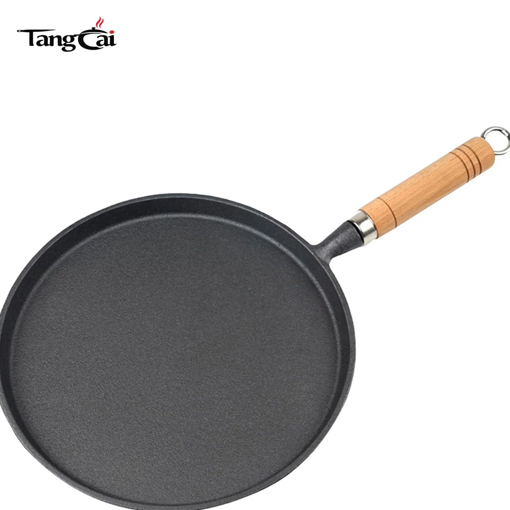 Cast Iron Frying Pan 10Inch Non-Stick Flat Griddle for Pancakes Crepes with Wooden Handle
