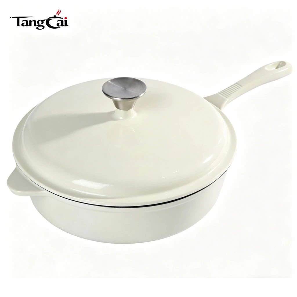 OEM Cream White Enameled Cast Iron Saucepan | Multi-purpose Large Deep Frying Pan