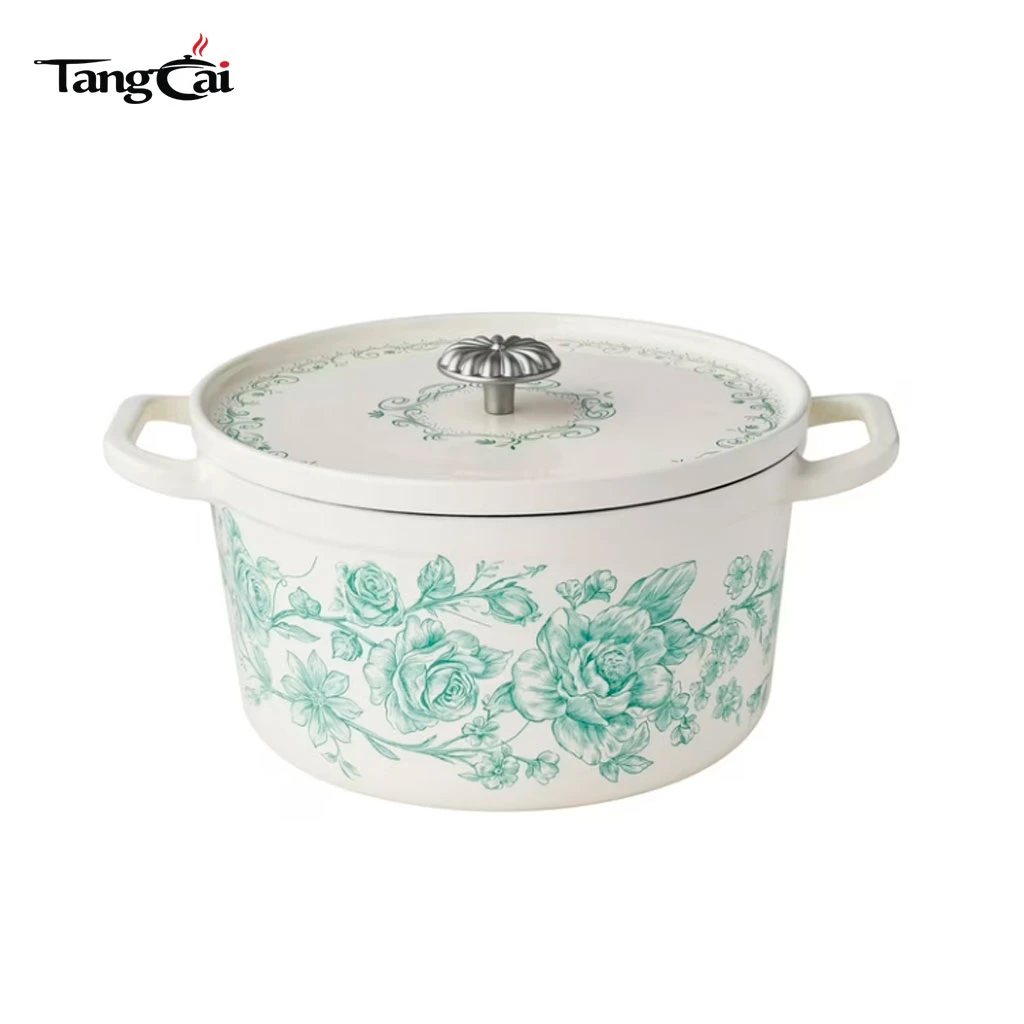 2026 Trending Cookware Vintage Floral 5QT Enamel Cast Iron Dutch Oven Nonstick Casserole Pot with Lid for Brands & Private Label