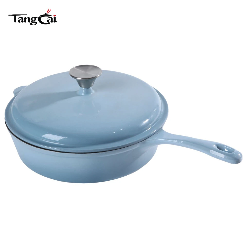Custom Large 5.5QT Sky Blue Enameled Cast Iron Sauce Pot-Multipurpose Deep Casserole Pot Frying Pan with Long Handle