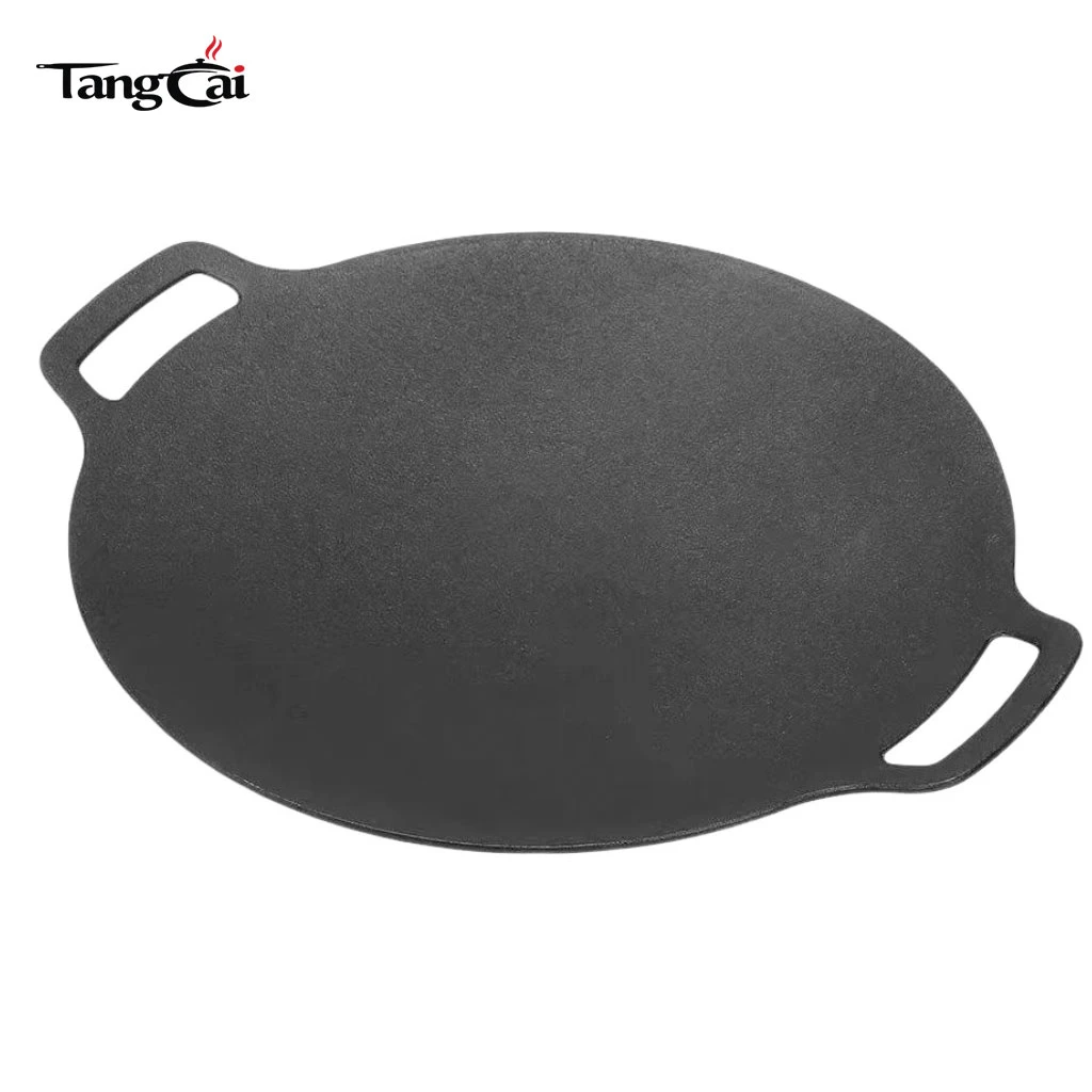 Pre-Seasoned Round 13-Inch Korean Cast Iron BBQ Tawa Grill Pan, Large Flat Skillet with Dual Handles for Roti, Dosa, Tortillas & Crepes