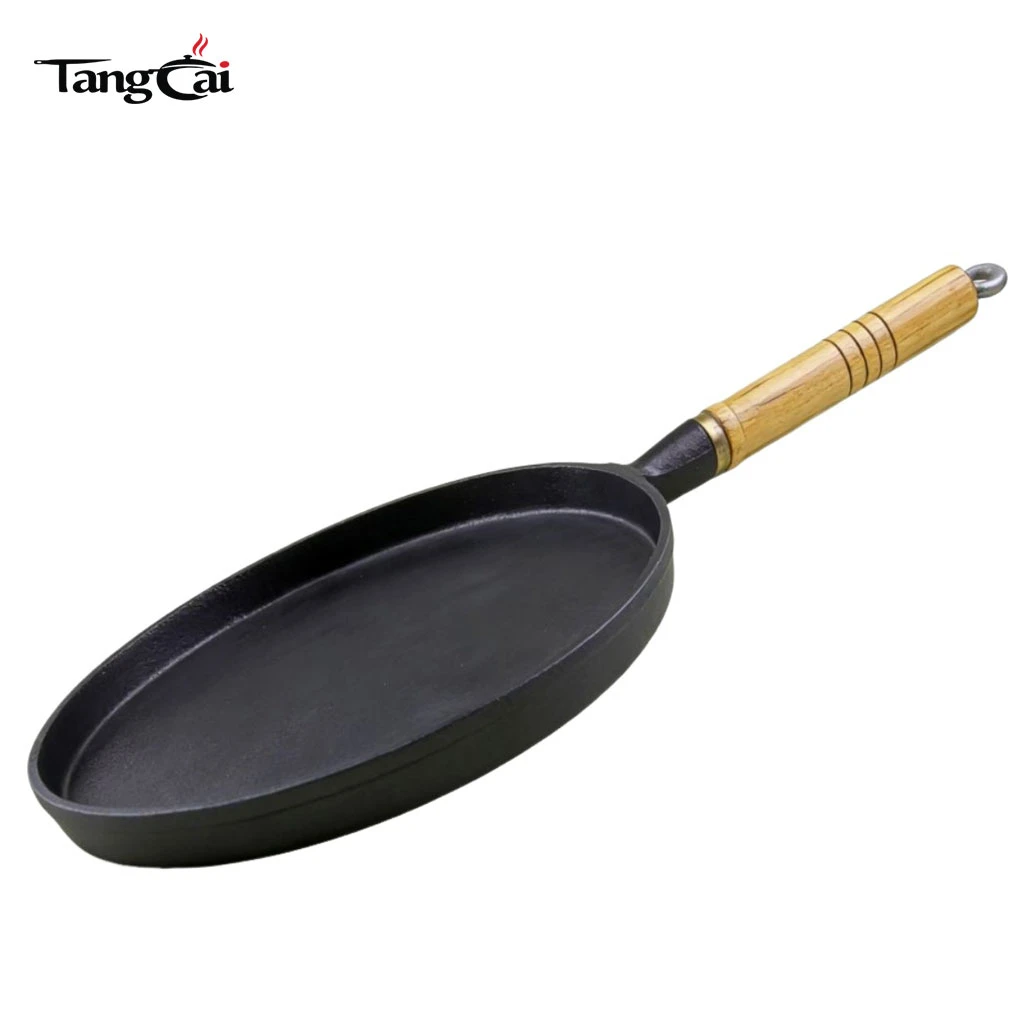 Cast Iron Frying Pan 10Inch Non-Stick Flat Griddle for Pancakes Crepes with Wooden Handle