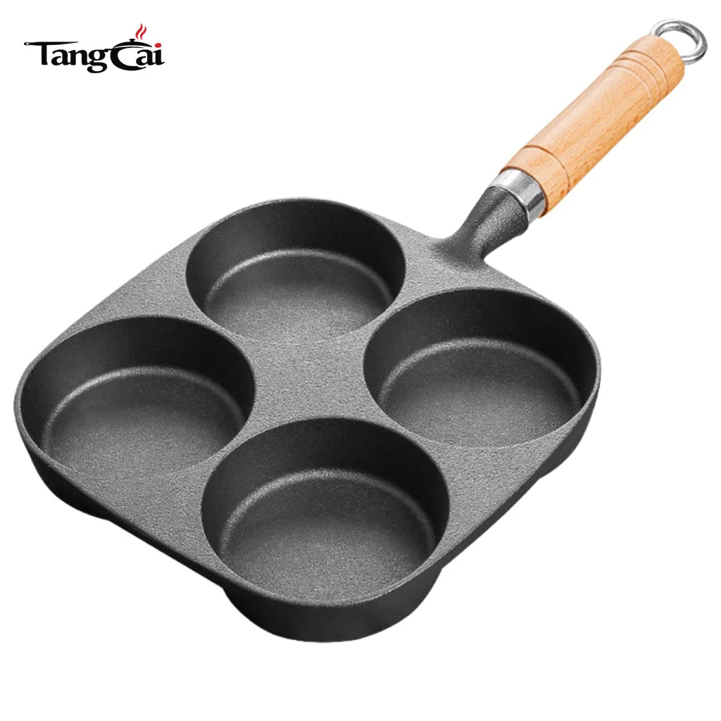 Pre-Seasoned Cast Iron 4-Cup Pancake Pan with Wooden Handle, Non-Stick Multi-Hole Griddle for Mini Pancakes, Eggs & Breakfast