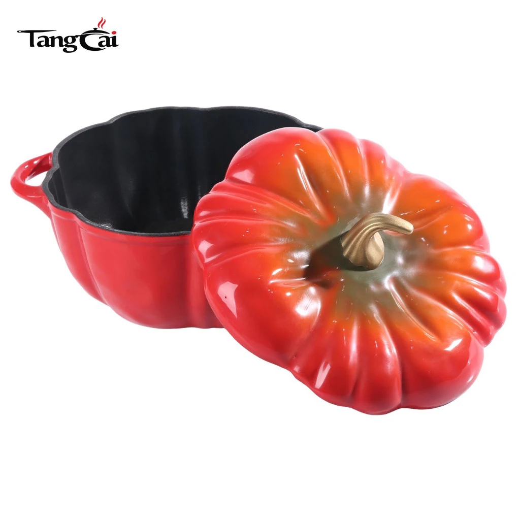 Gradient Red Pumpkin Shaped Enamel Cast Iron Dutch Oven with Matte Black Inner Coating