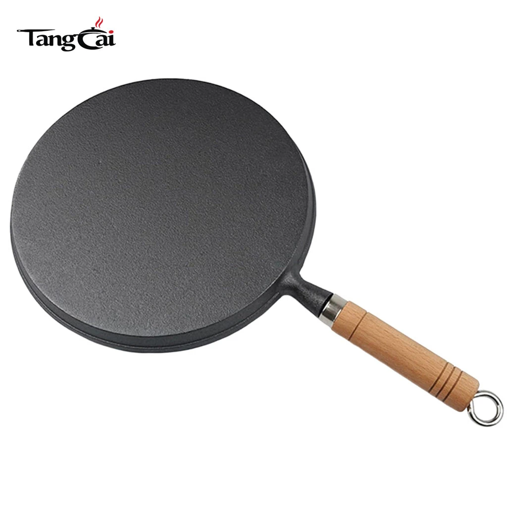 Cast Iron Frying Pan 10Inch Non-Stick Flat Griddle for Pancakes Crepes with Wooden Handle