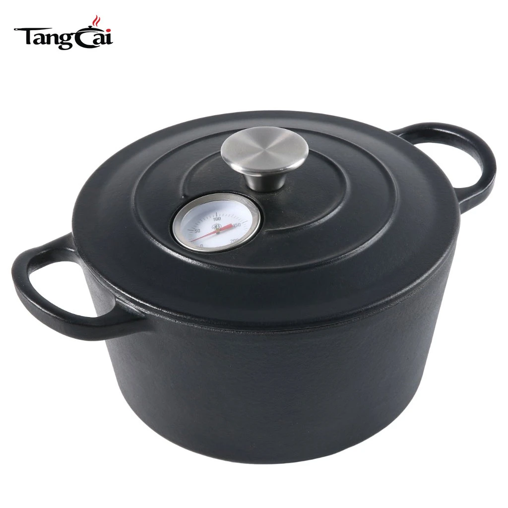 2026 New Design Cookware Cast Iron Enamel Coated Dutch Oven With Thermometer For Home Kitchen Daily Stewing Frying