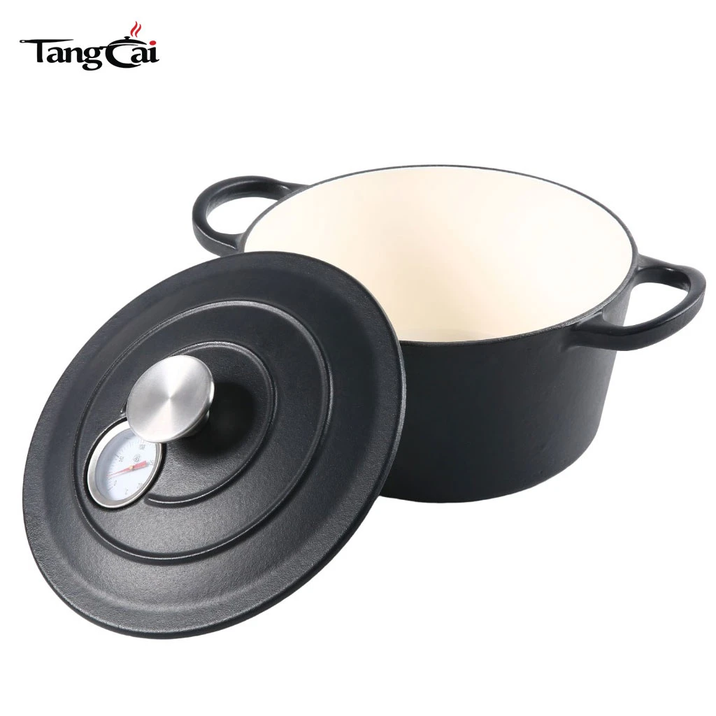 2026 New Design Cookware Cast Iron Enamel Coated Dutch Oven With Thermometer For Home Kitchen Daily Stewing Frying