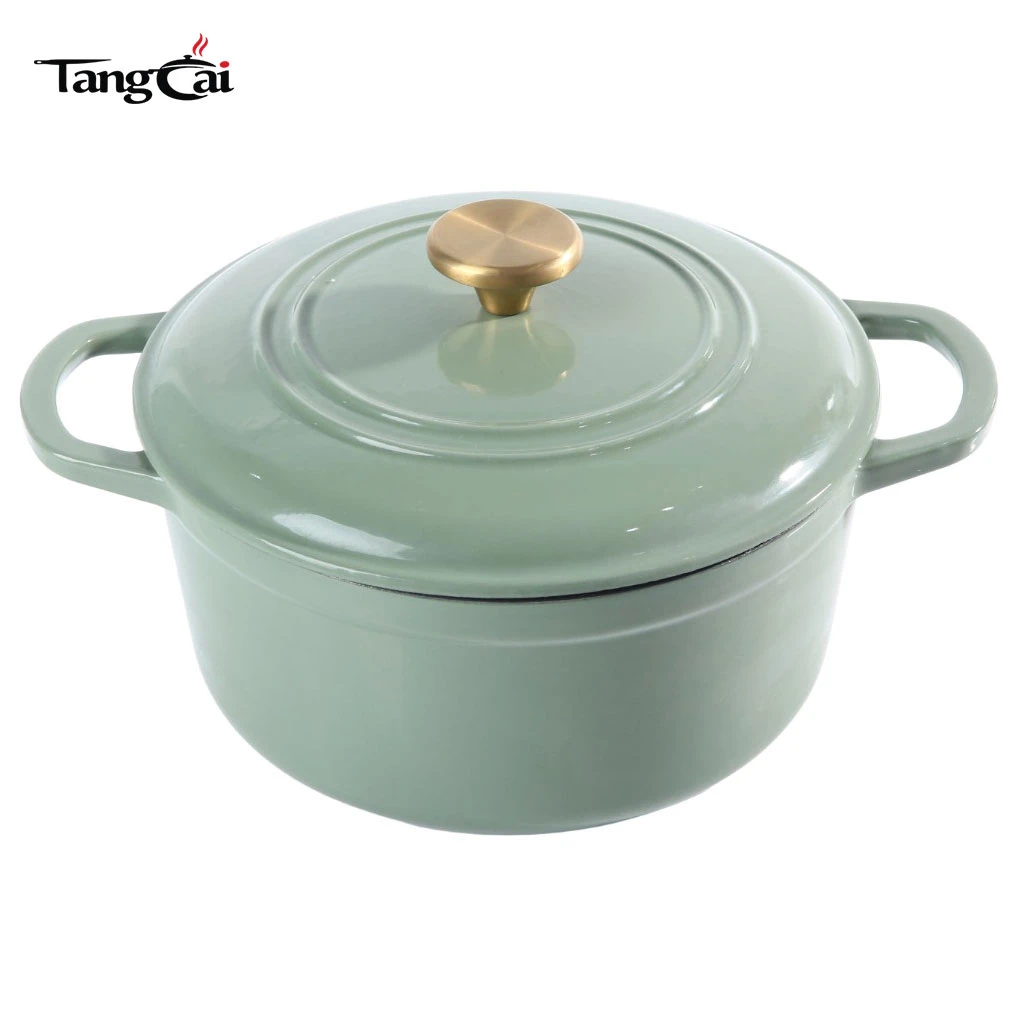 Modern Sage Green 5QT Enamel Cast Iron Dutch Oven with Gold Knob for Sourdough Bread Baking