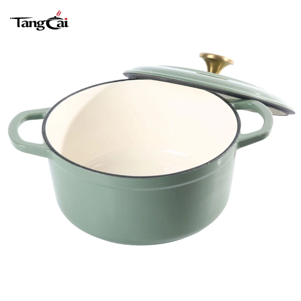 Modern Sage Green 5QT Enamel Cast Iron Dutch Oven with Gold Knob for Sourdough Bread Baking