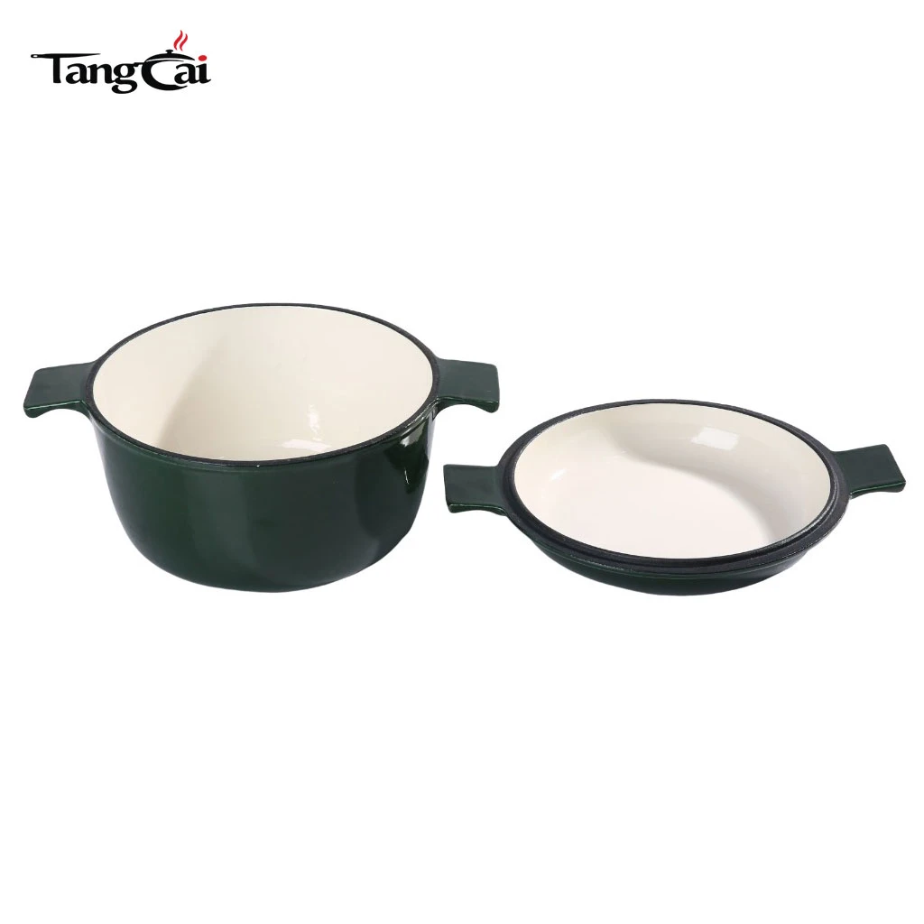 Dark Green Enameled Cast Iron Combo Cooker, Double Used Dutch Oven with Reversible Skillt Lid