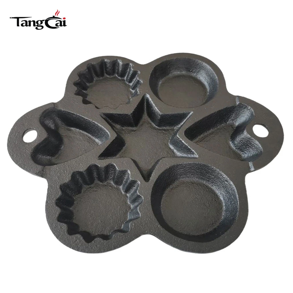 Custom Multi-Shape Cast Iron Baking Pan, 6-Cup Pre-Seasoned Mold with Star, Heart & Round Wells for Muffins, Cookies & Pancakes