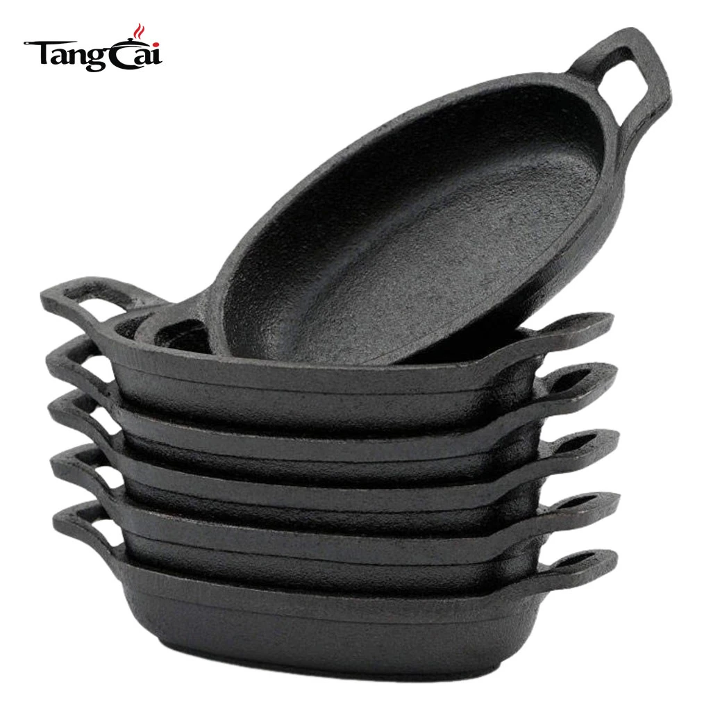 6 Pack 4.7 x 8.8 Inch Mini Cast Iron Skillet Set - Small Cast Iron Oval Serving Sizzling Plate Set