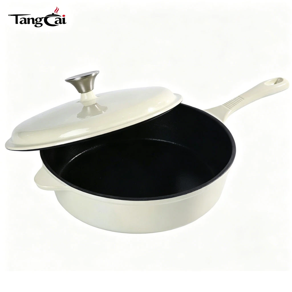 OEM Cream White Enameled Cast Iron Saucepan | Multi-purpose Large Deep Frying Pan
