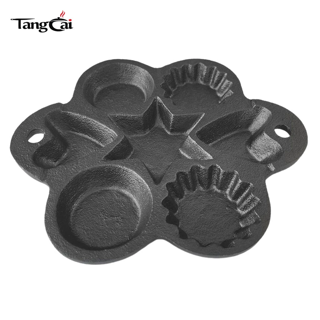 Custom Multi-Shape Cast Iron Baking Pan, 6-Cup Pre-Seasoned Mold with Star, Heart & Round Wells for Muffins, Cookies & Pancakes