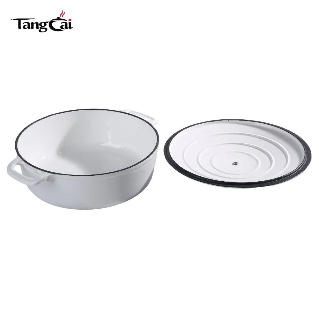 Shallow Glossy White Enameled Cast Iron Dutch Oven, Multi-purpose Seafood Casserole Pot with Lid
