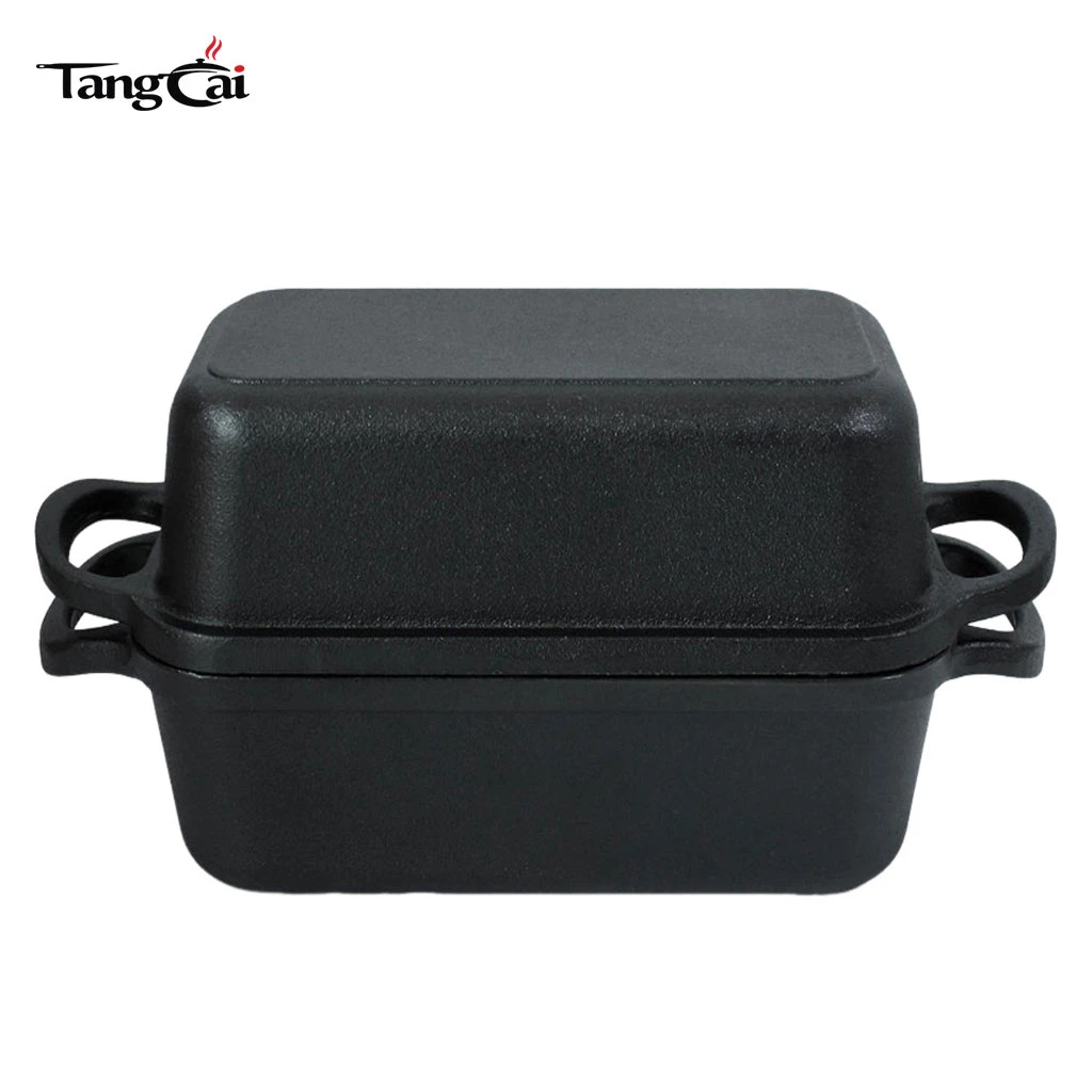 2 in 1 Rectangular Cast Iron Bread Loaf Pan with Lid, Multi-Use Combo Cooker for Baking Bread 9x5 Inch