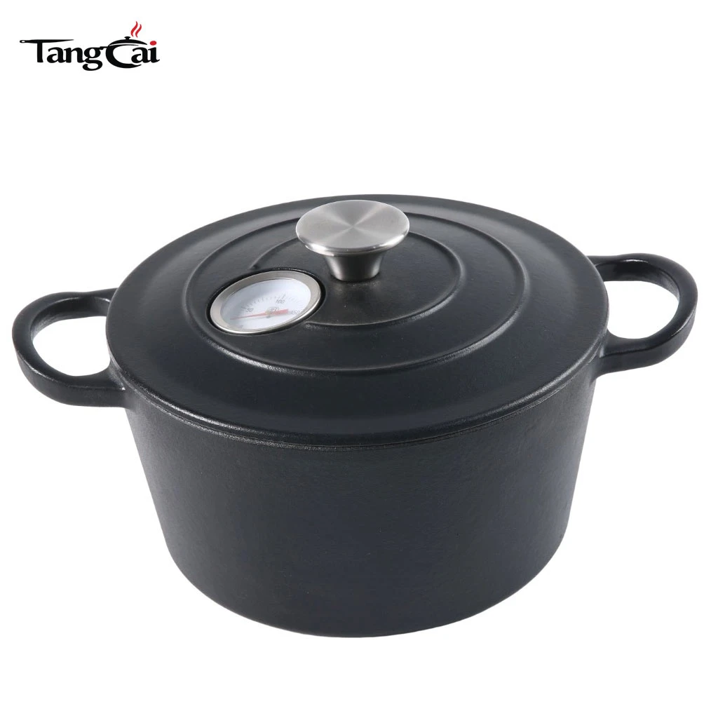2026 New Design Cookware Cast Iron Enamel Coated Dutch Oven With Thermometer For Home Kitchen Daily Stewing Frying