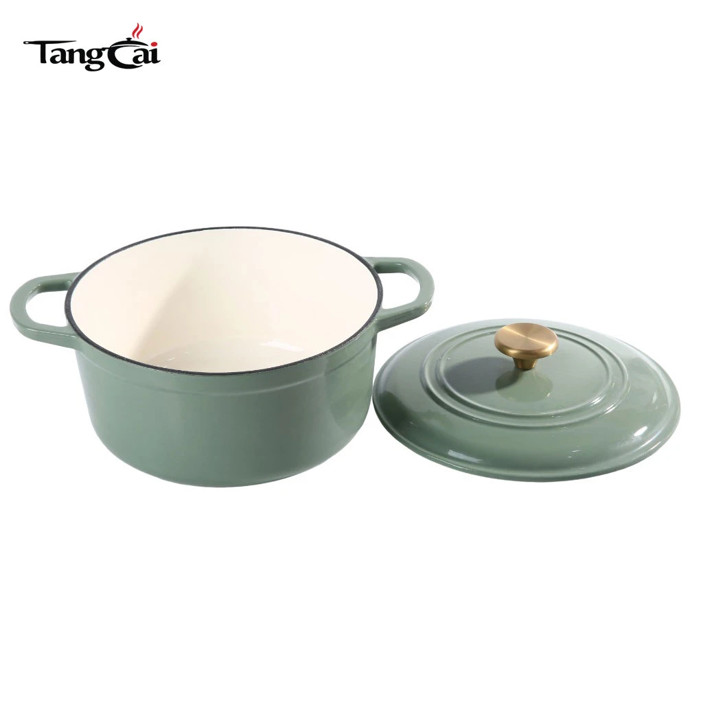 Modern Sage Green 5QT Enamel Cast Iron Dutch Oven with Gold Knob for Sourdough Bread Baking