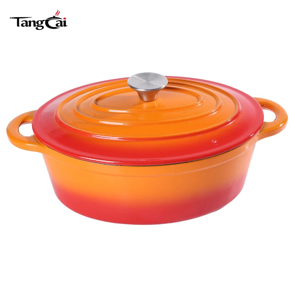 Classic Style Large 7 Quart Orange Oval Enameled Cast Iron Dutch Oven, Family Size Casserole Pot