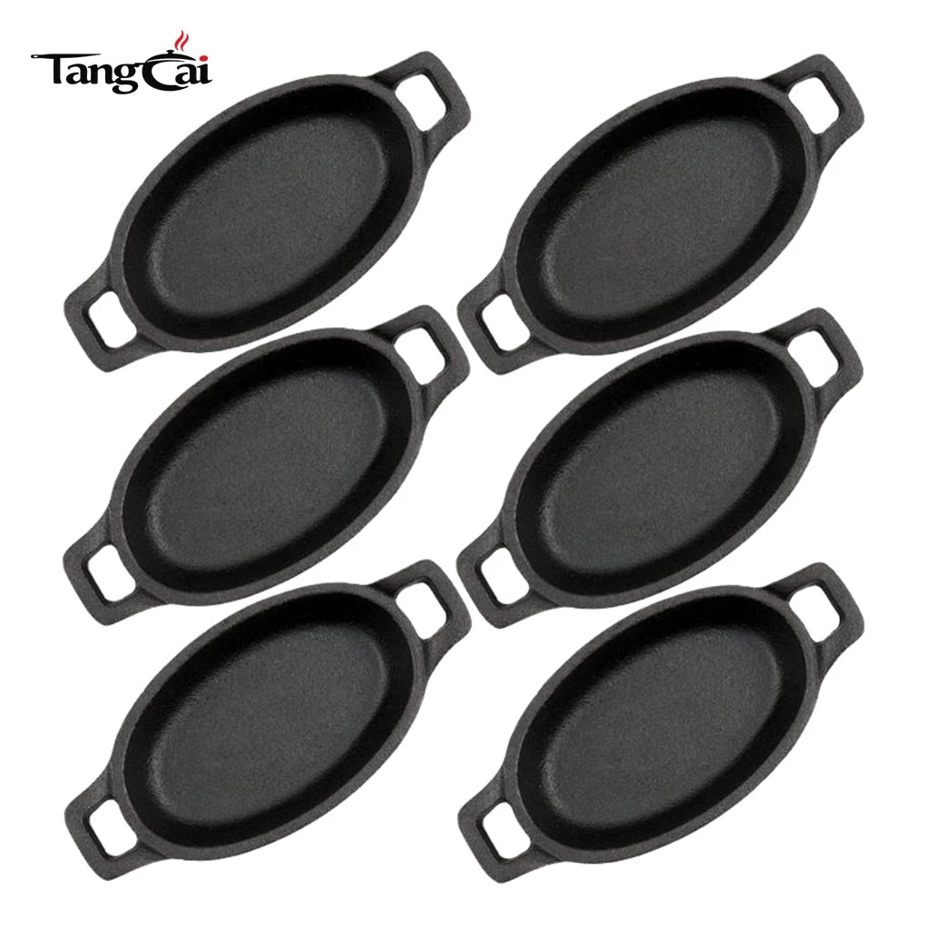 6 Pack 4.7 x 8.8 Inch Mini Cast Iron Skillet Set - Small Cast Iron Oval Serving Sizzling Plate Set