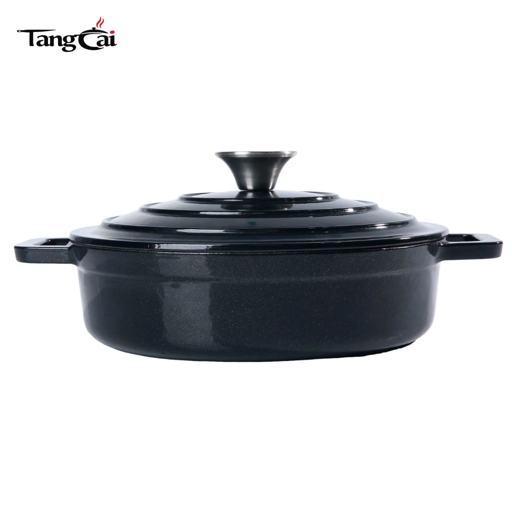 Small Matte Black Shallow Enameled Cast Iron Dutch Oven, Mini Seafood Casserole Pan with Lid