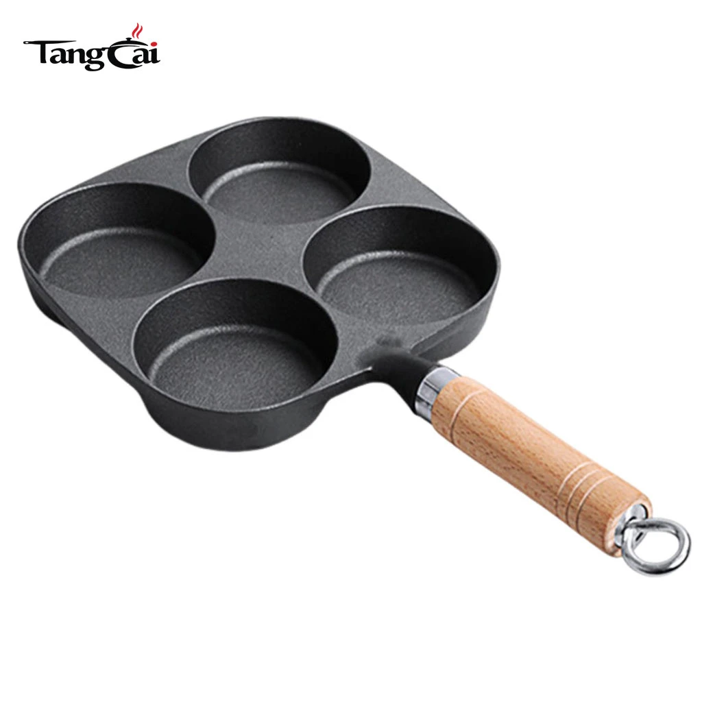 Pre-Seasoned Cast Iron 4-Cup Pancake Pan with Wooden Handle, Non-Stick Multi-Hole Griddle for Mini Pancakes, Eggs & Breakfast
