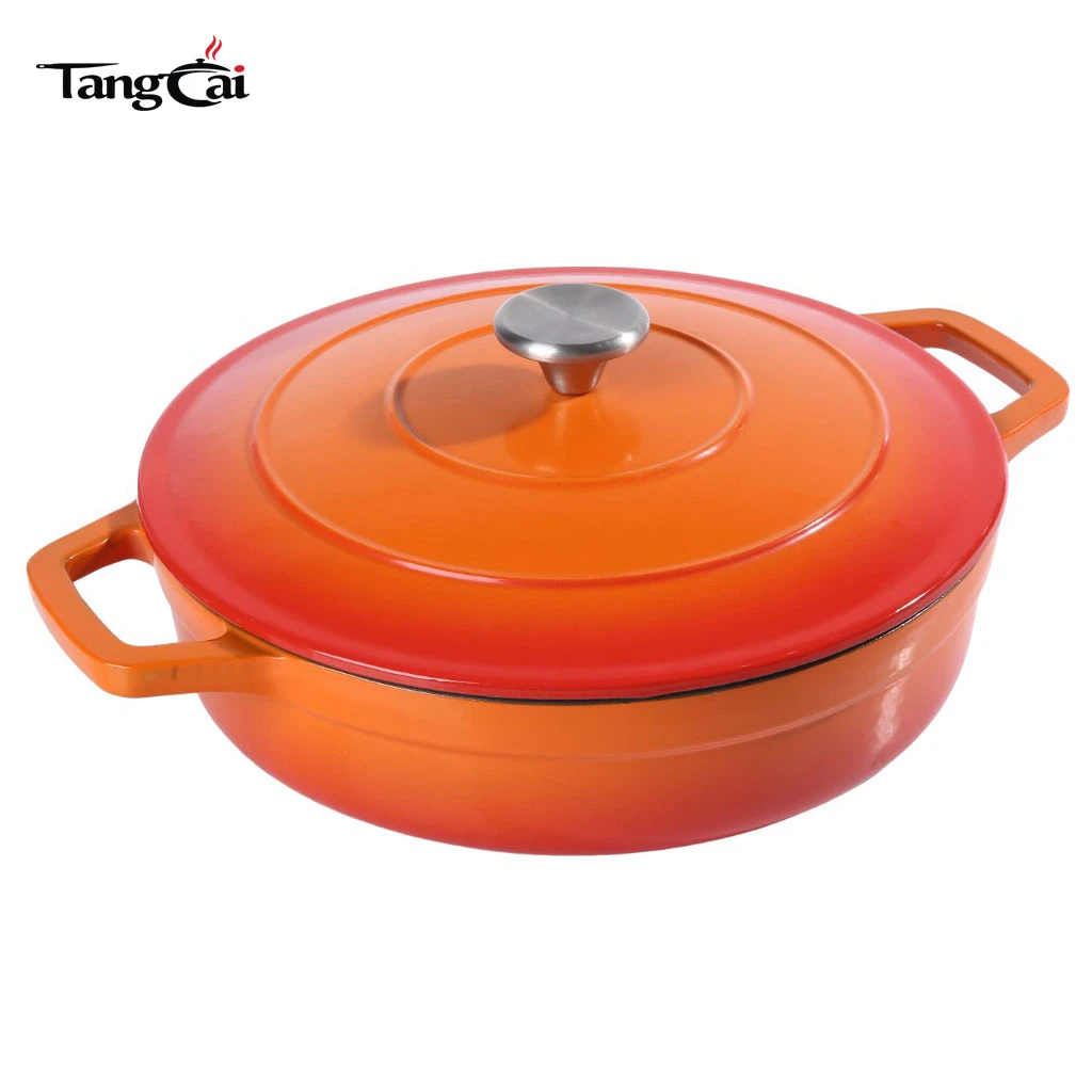 Modern 5QT Enameled Cast Iron Braiser Pan, Shallow Dutch Oven with Lid, Wide-Body Seafood Casserole Pot
