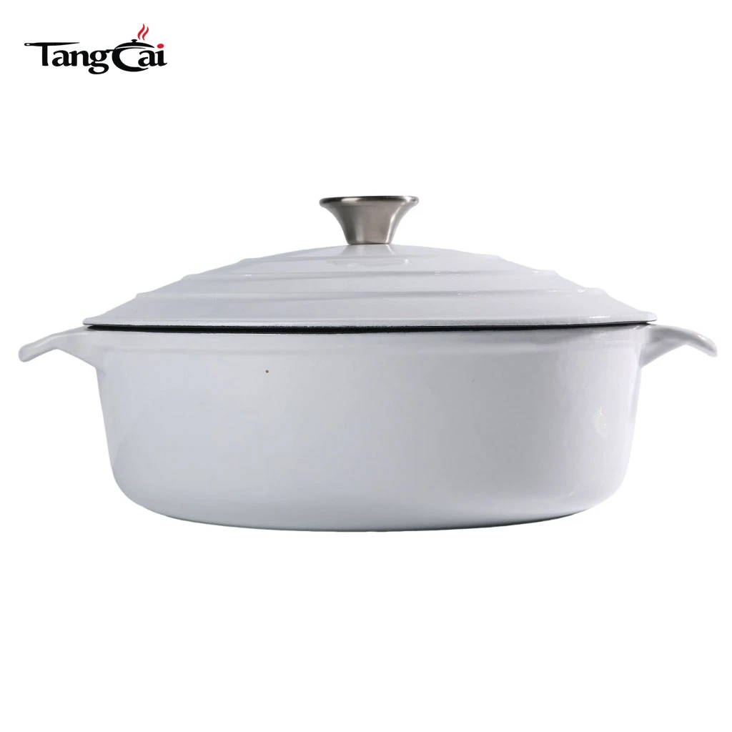 Shallow Glossy White Enameled Cast Iron Dutch Oven, Multi-purpose Seafood Casserole Pot with Lid