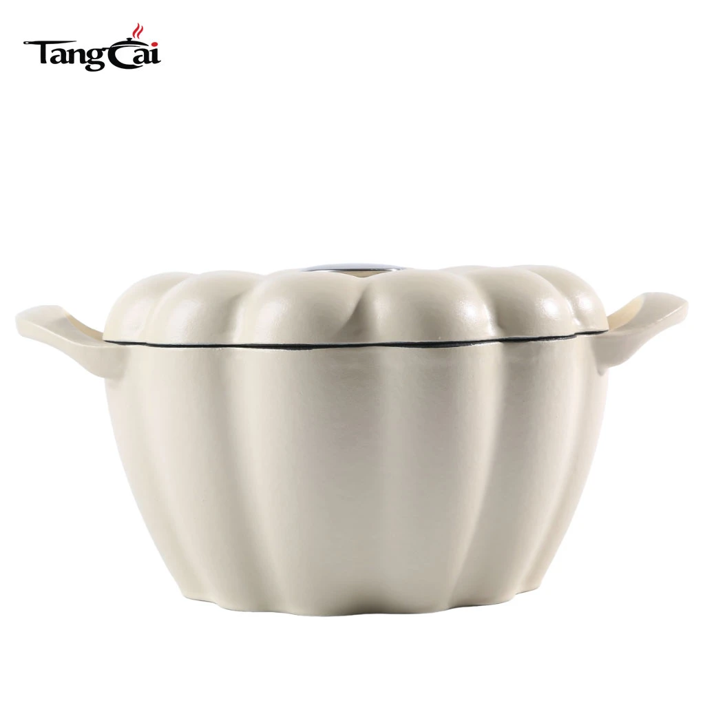 Cream White Pumpkin Shaped Enamel Cast Iron Dutch Oven, Decorative Heavy Duty Stock Pot