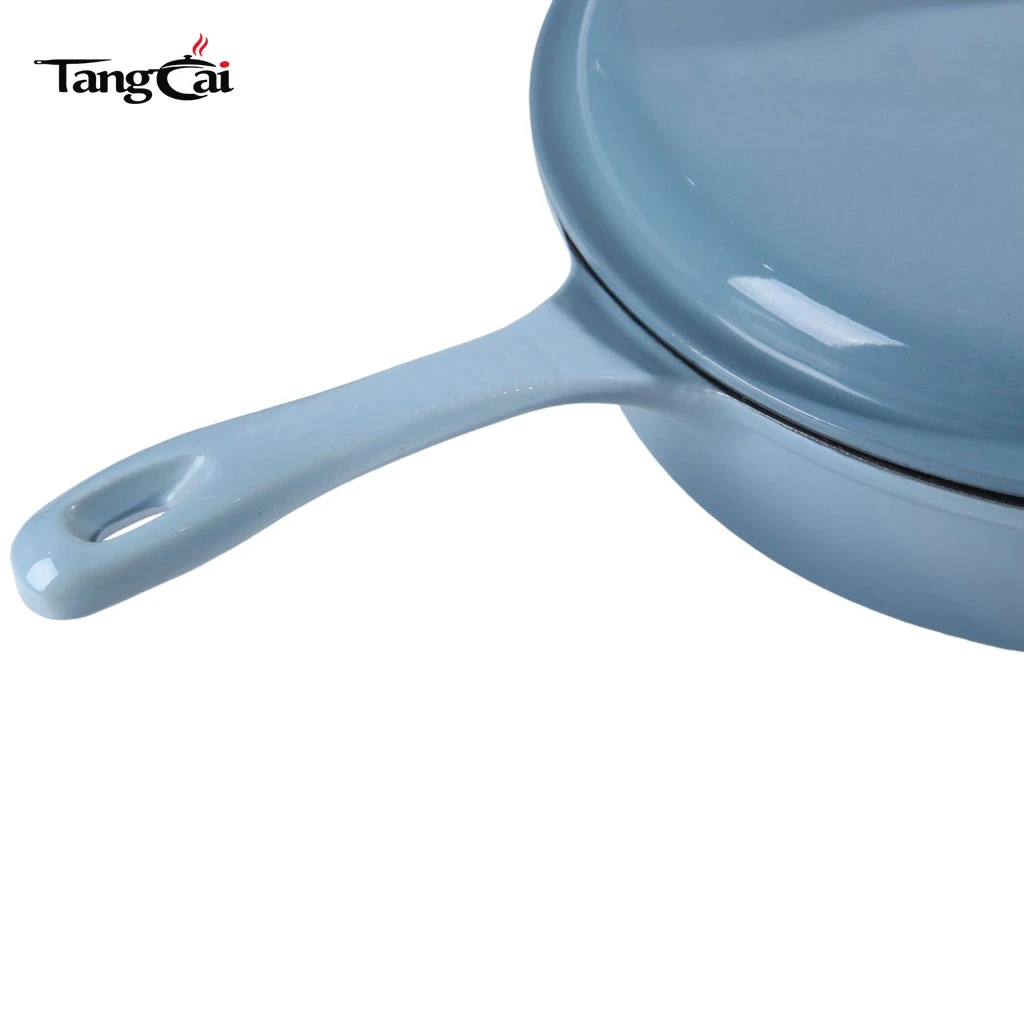 Custom Large 5.5QT Sky Blue Enameled Cast Iron Sauce Pot-Multipurpose Deep Casserole Pot Frying Pan with Long Handle