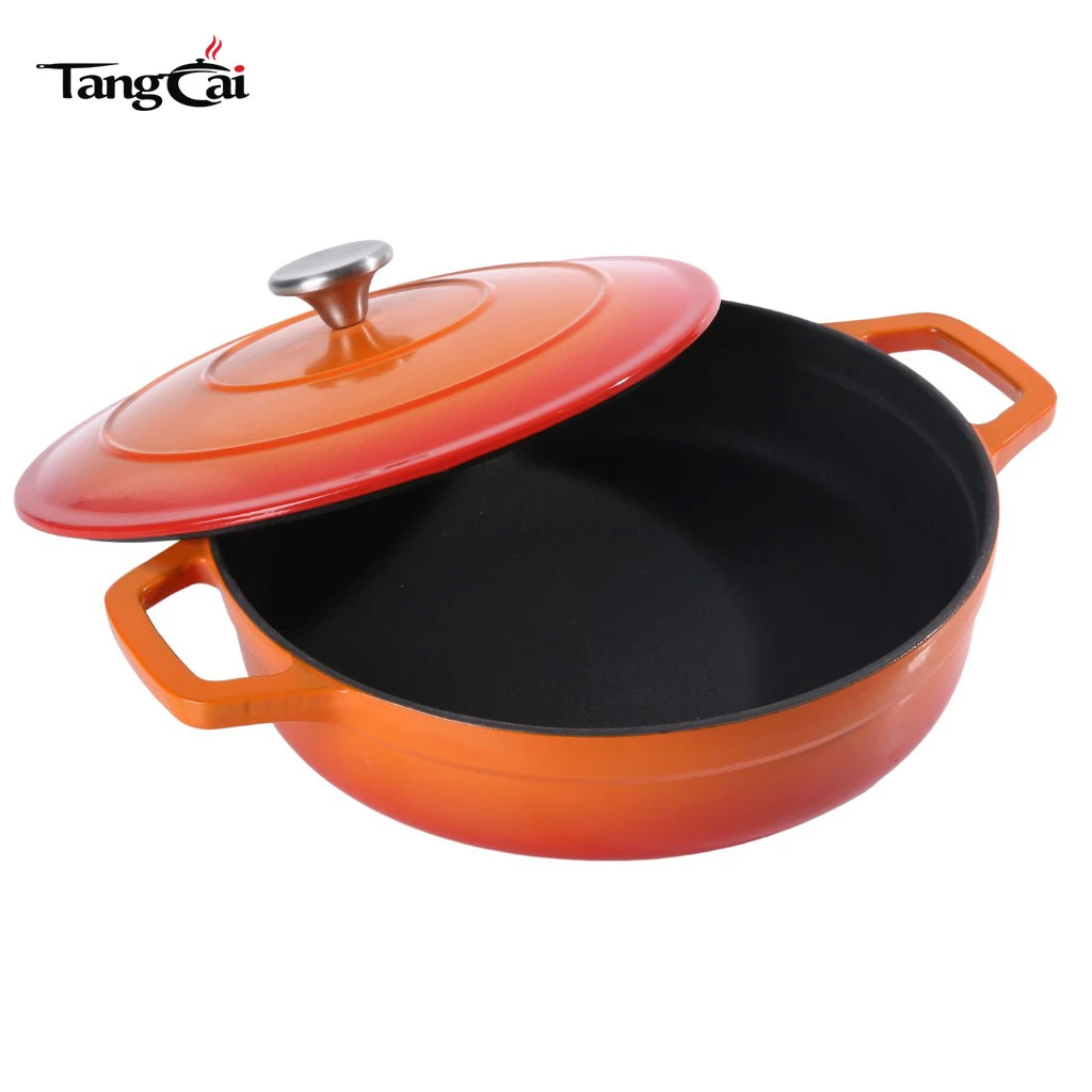 Modern 5QT Enameled Cast Iron Braiser Pan, Shallow Dutch Oven with Lid, Wide-Body Seafood Casserole Pot